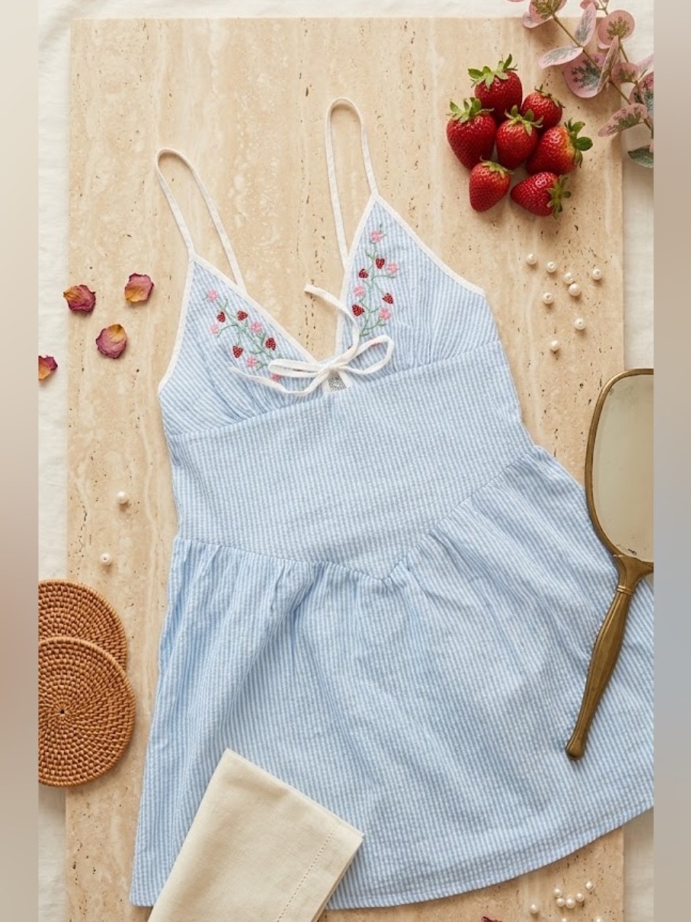 Wild Fable Blue & White Striped Strawberry Embroidered Dress - Size S